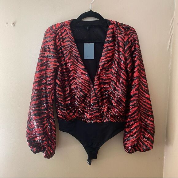 NBD Rochelle bodysuit sequin red black zebra print going out top Revolve Sz S - Picture 9 of 11